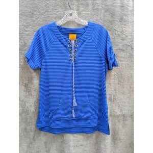 Nautical Top Womens XS Sheer‎ Striped Front Kangaroo Pocket Casual Beach